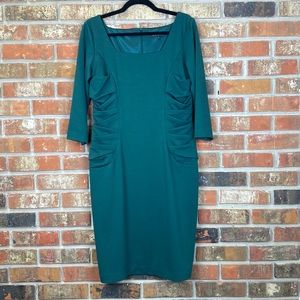 David Meister Ruched Square Neck 3/4 Sleeve Green Dress Size 10